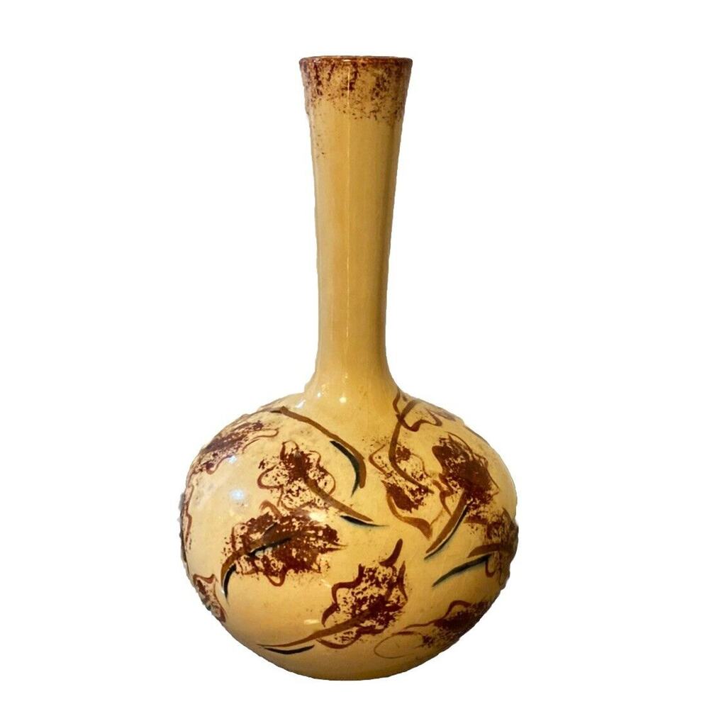 Vintage Tan Red Blk Leaf Pattern Bud Vase Holland Mold MCM Signed LAF 63